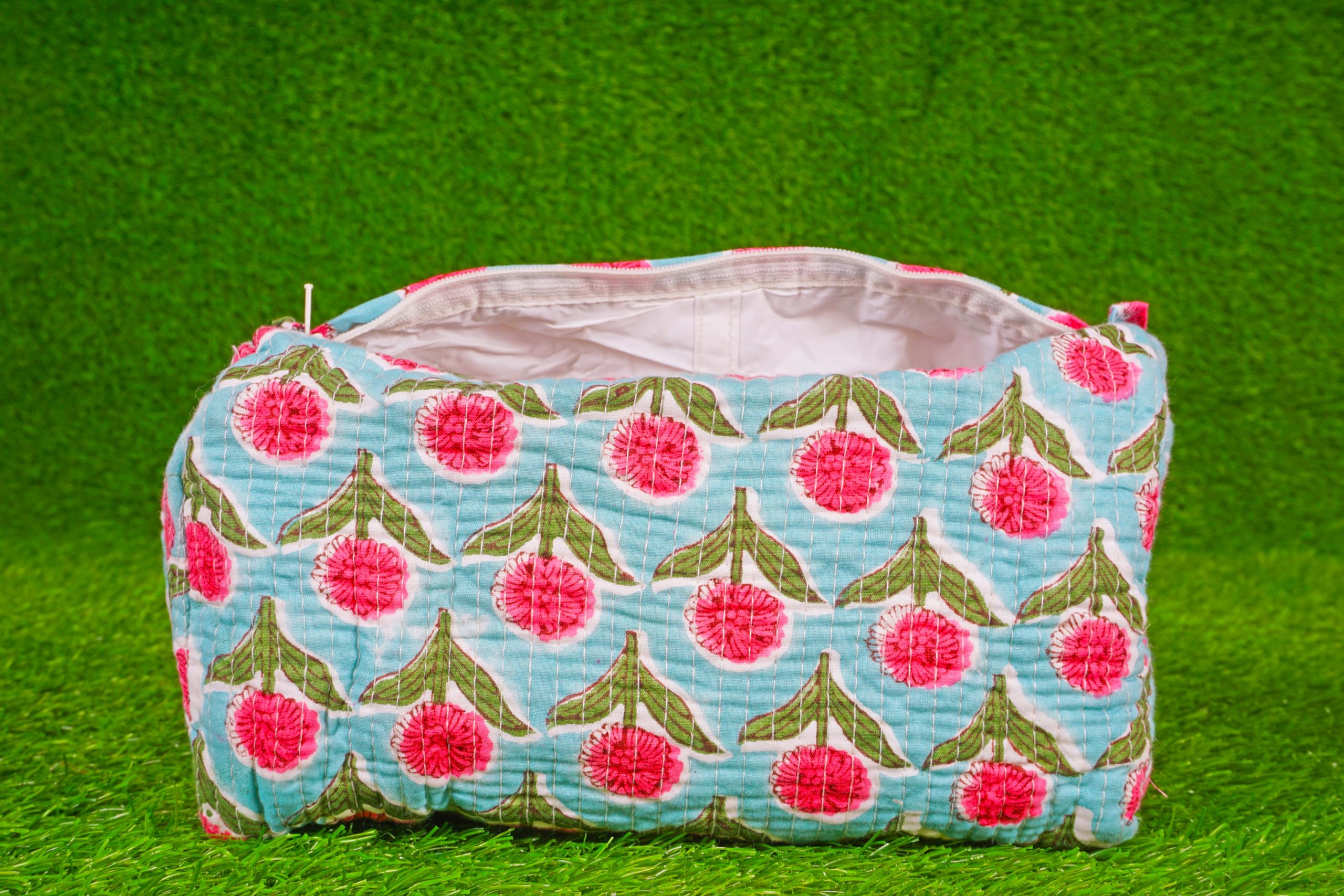 Indian Handmade Cotton Quilted Floral Toiletry Cosmetic Makeup Bag Blue A