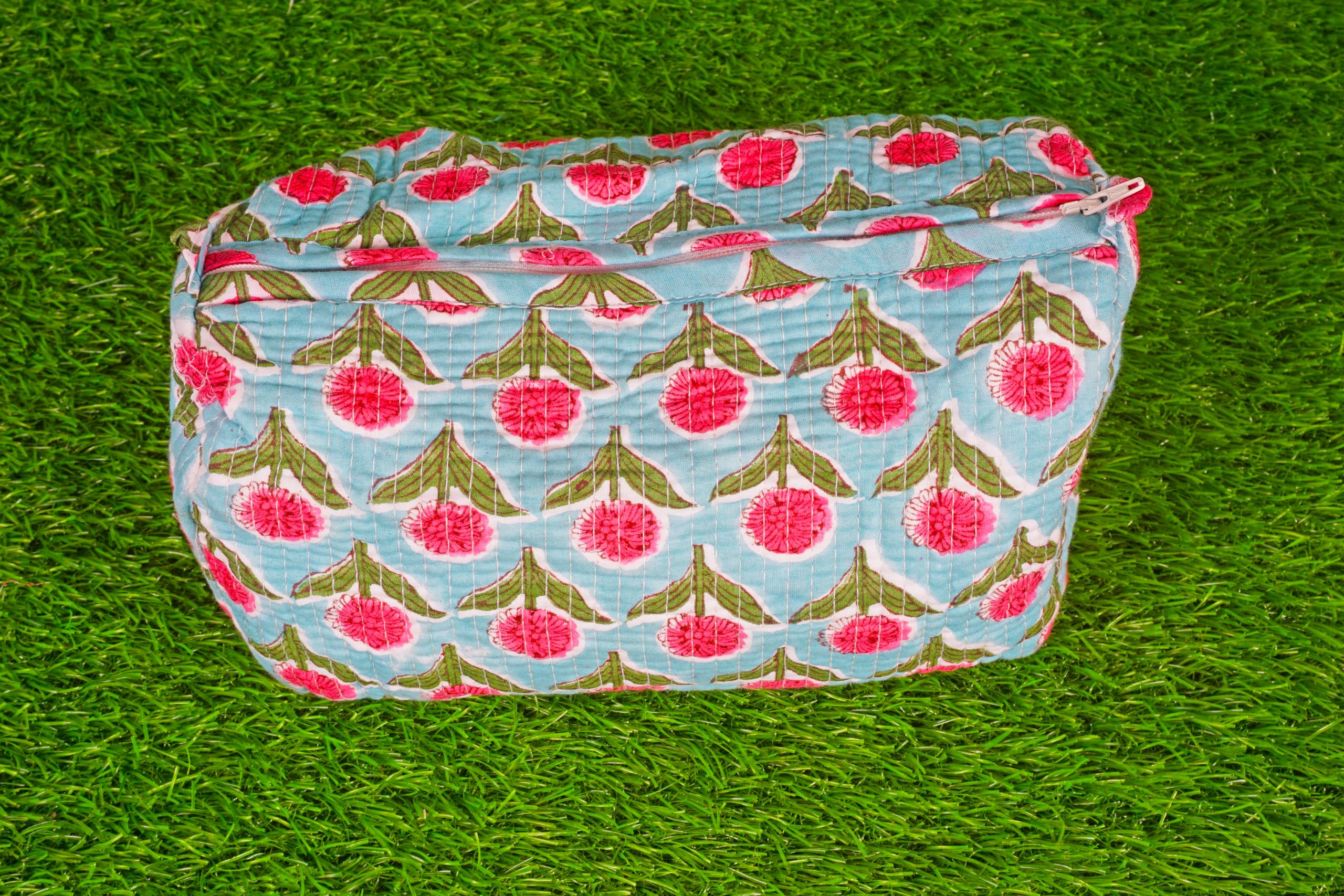 Indian Handmade Cotton Quilted Floral Toiletry Cosmetic Makeup Bag Blue A