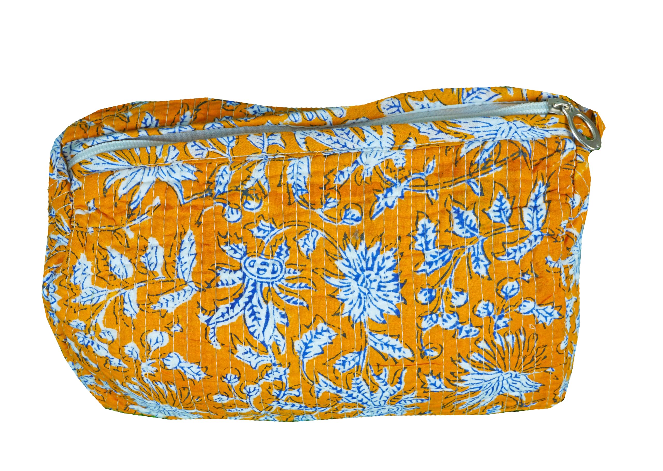 Indian Handmade Cotton Quilted Floral Toiletry Cosmetic Makeup Bag Blue A