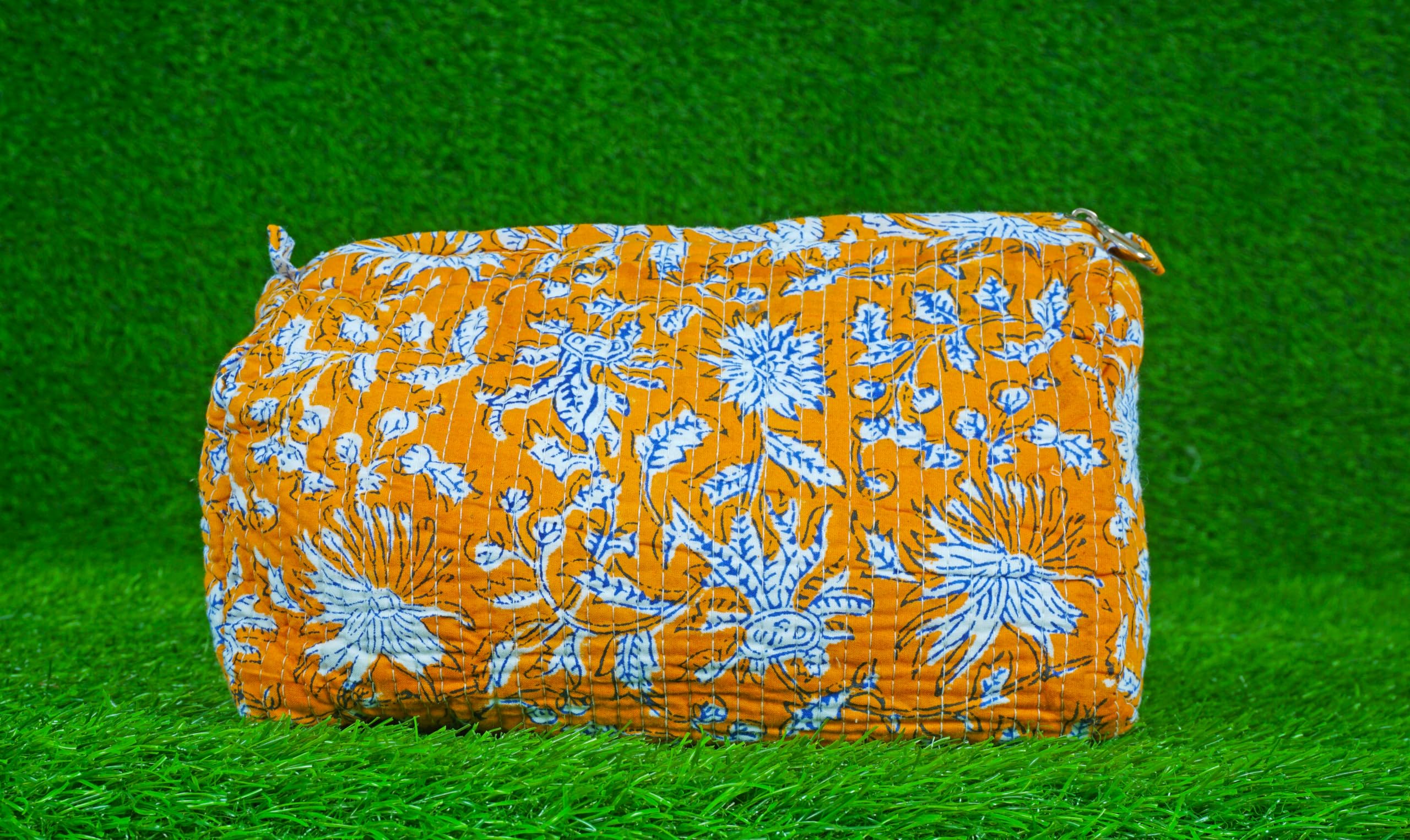 Indian Handmade Cotton Quilted Floral Toiletry Cosmetic Makeup Bag Blue A