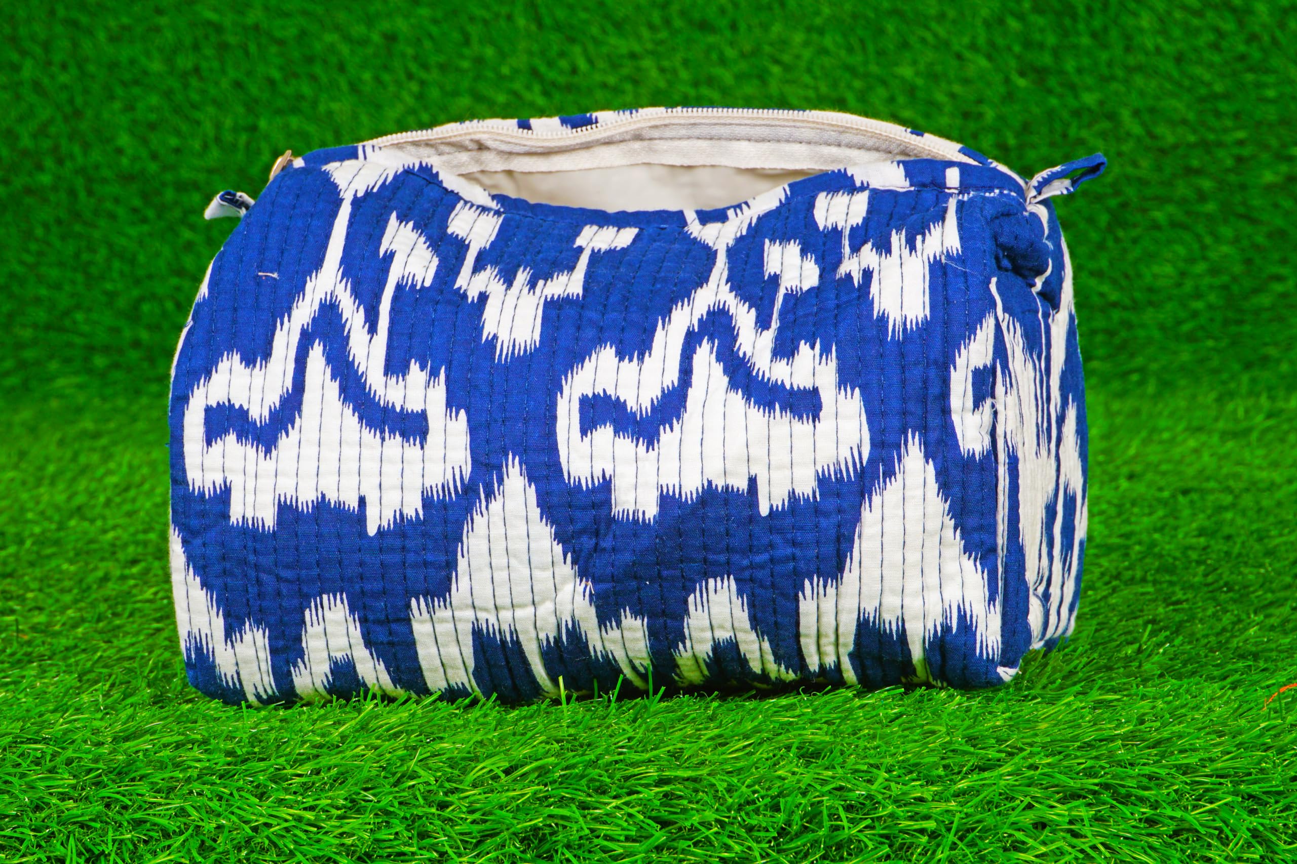 Indian Handmade Cotton Quilted Floral Toiletry Cosmetic Makeup Bag Blue A