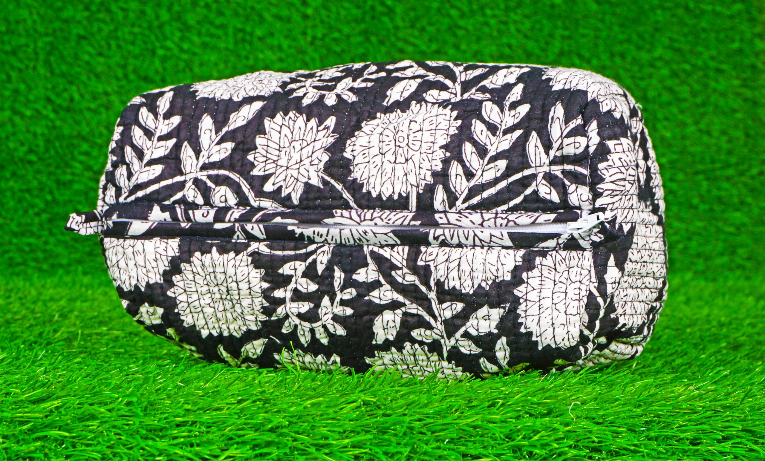 Indian Handmade Cotton Quilted Floral Toiletry Cosmetic Makeup Bag Blue A
