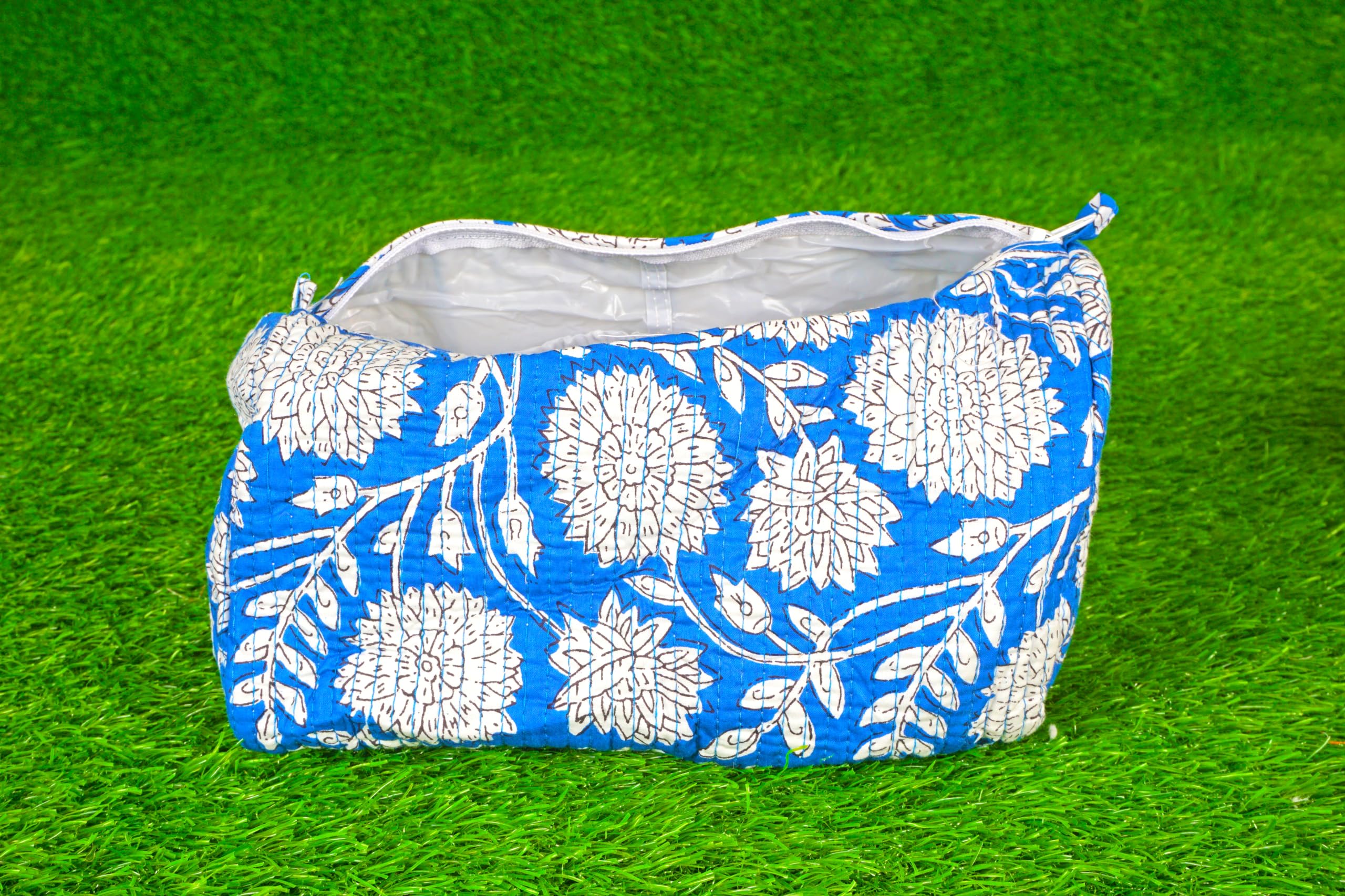 Indian Handmade Cotton Quilted Floral Toiletry Cosmetic Makeup Bag Blue A