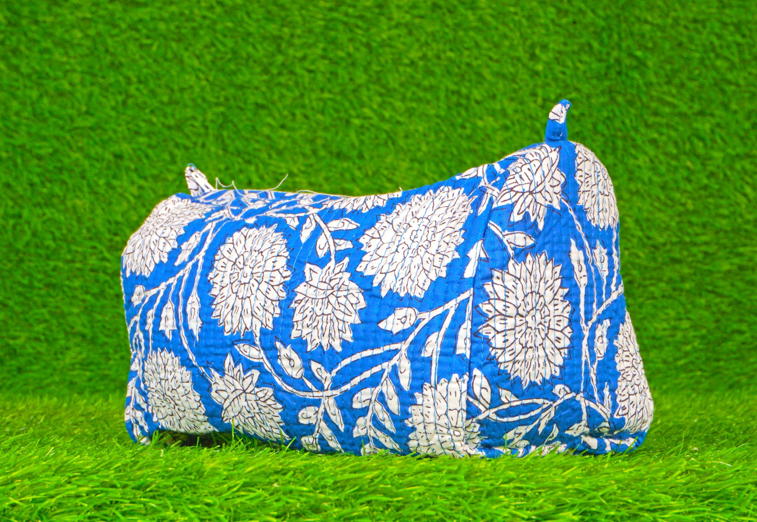Indian Handmade Cotton Quilted Floral Toiletry Cosmetic Makeup Bag Blue A