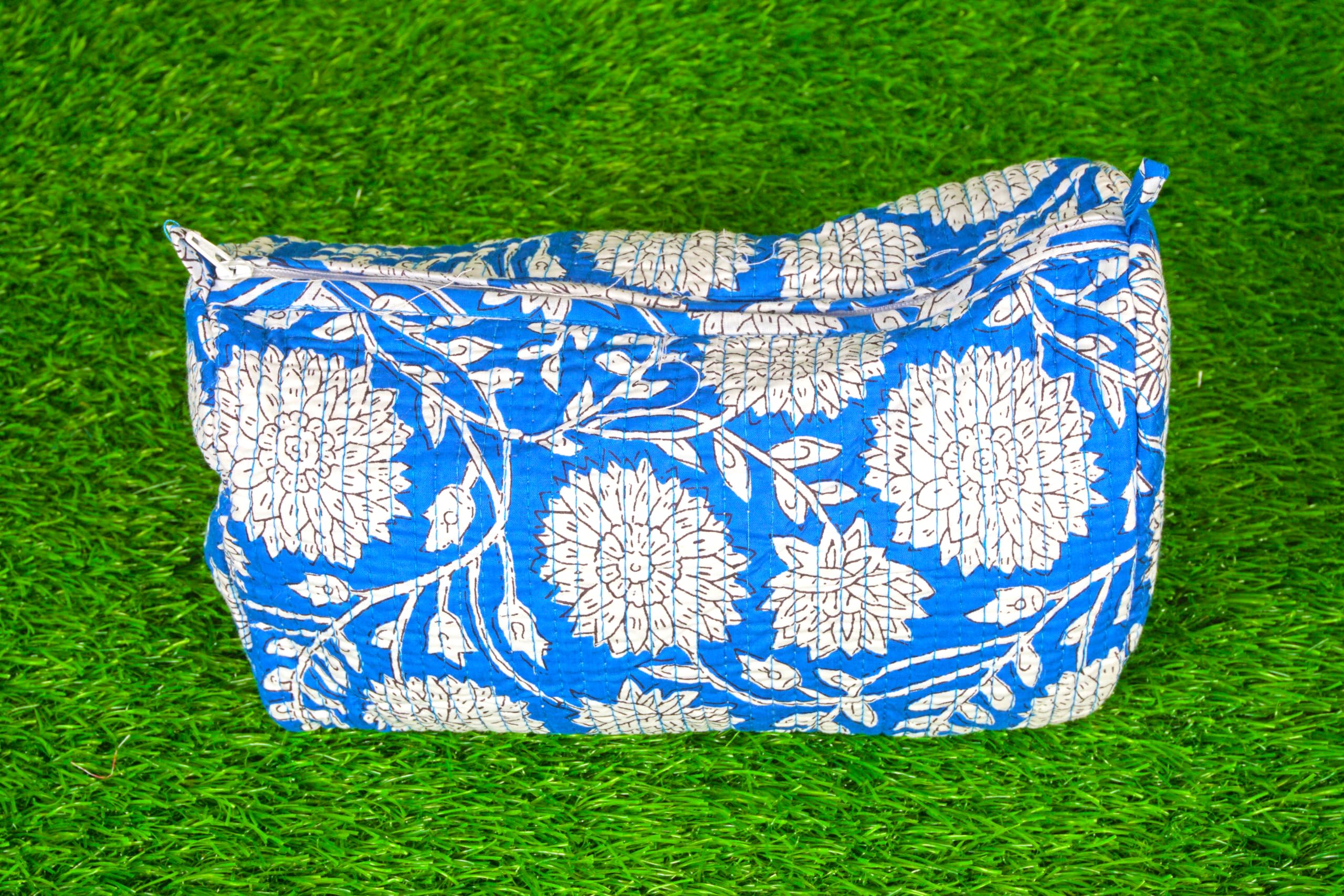 Indian Handmade Cotton Quilted Floral Toiletry Cosmetic Makeup Bag Blue A