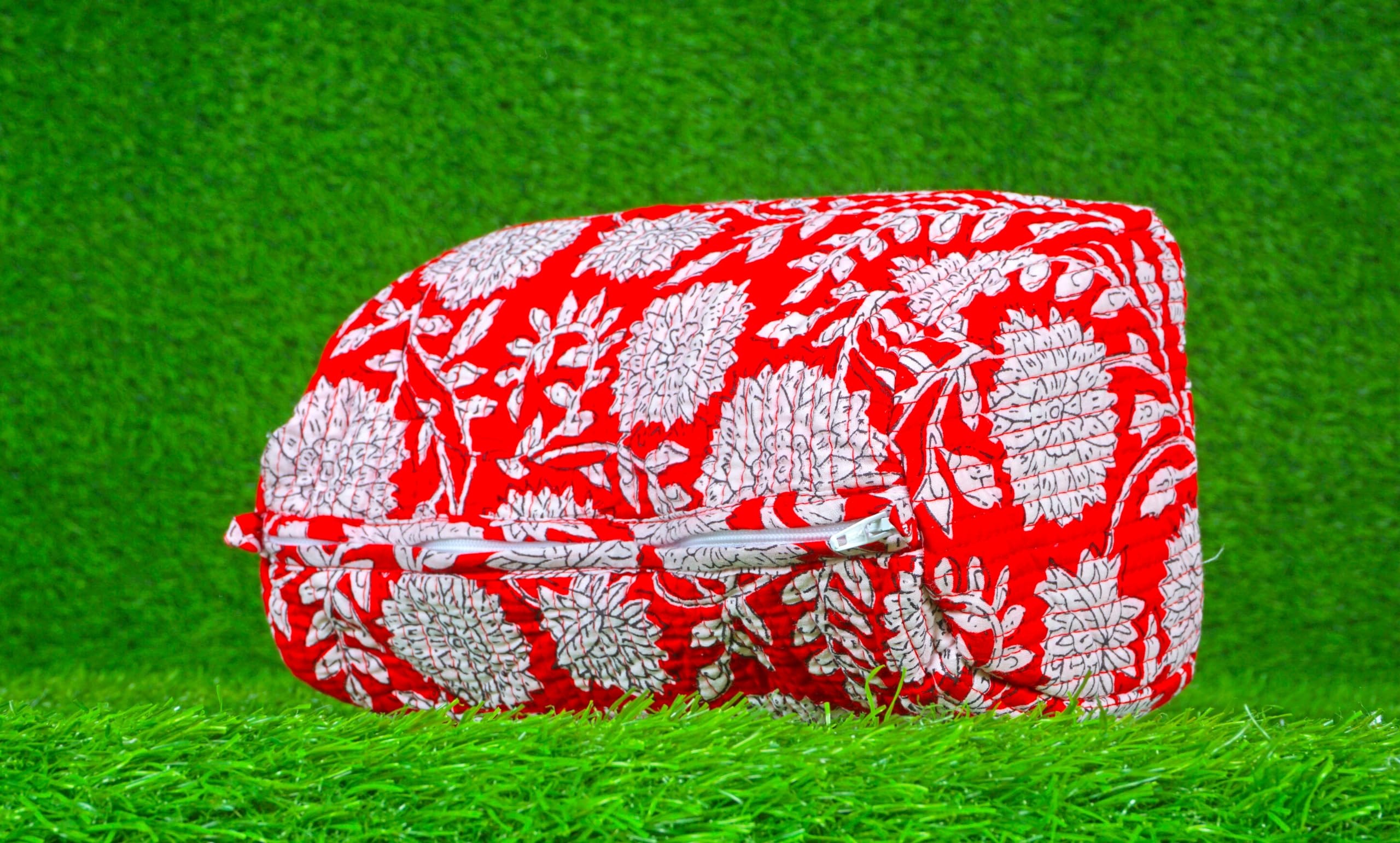 Indian Handmade Cotton Quilted Floral Toiletry Cosmetic Makeup Bag Blue A