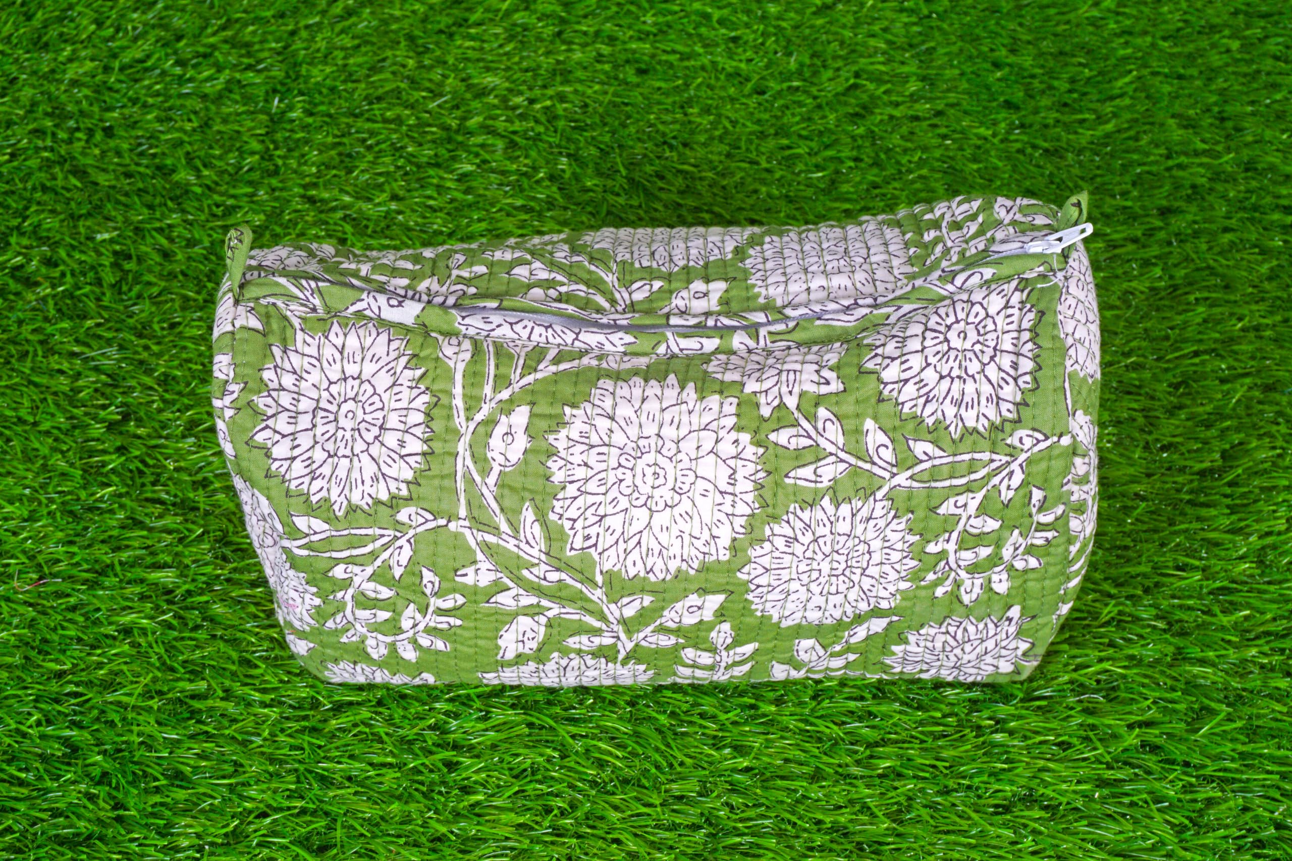 Indian Handmade Cotton Quilted Floral Toiletry Cosmetic Makeup Bag Blue A
