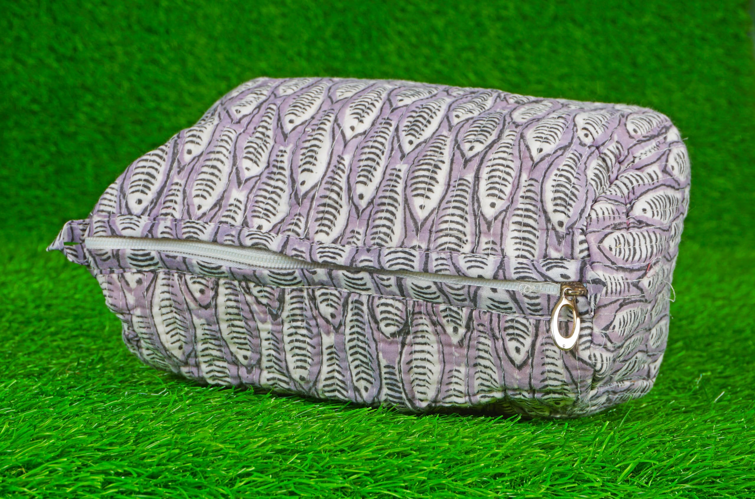 Indian Handmade Cotton Quilted Floral Toiletry Cosmetic Makeup Bag Blue A