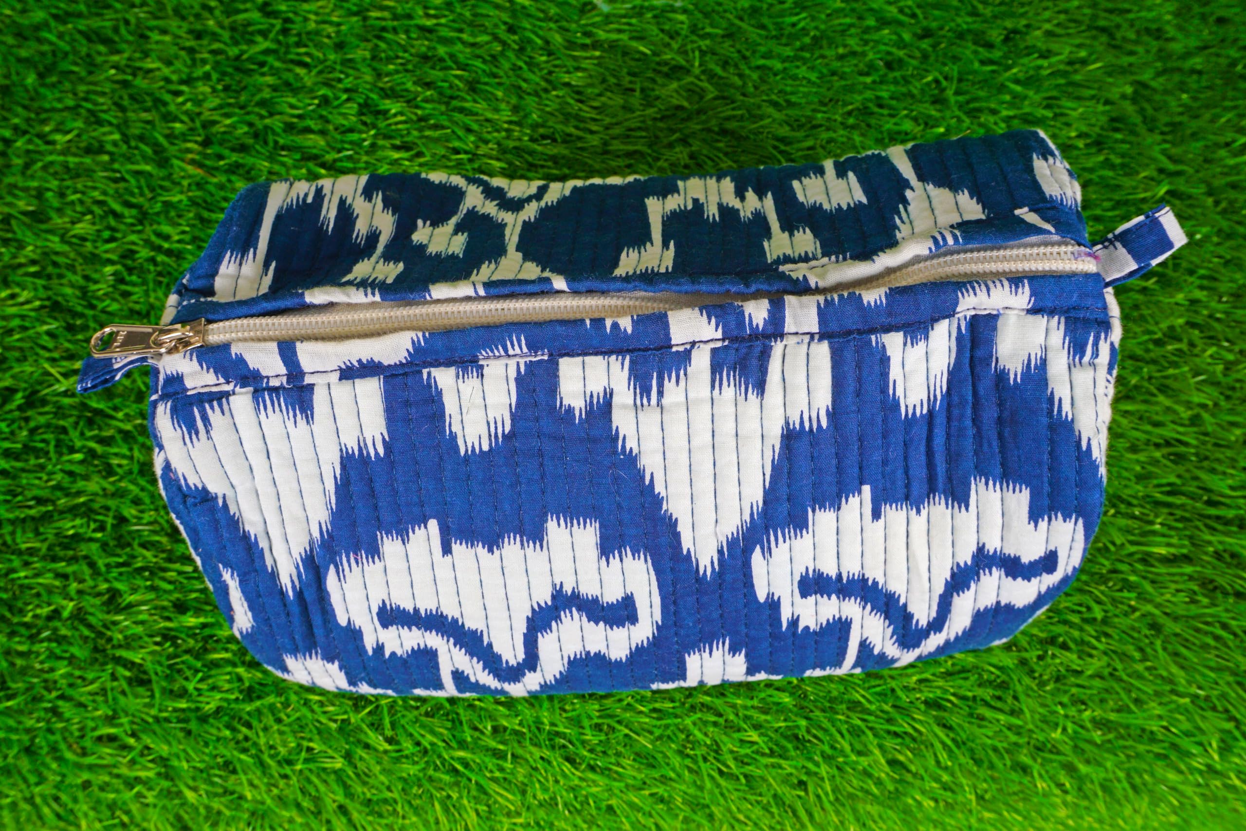 Indian Handmade Cotton Quilted Floral Toiletry Cosmetic Makeup Bag Blue A