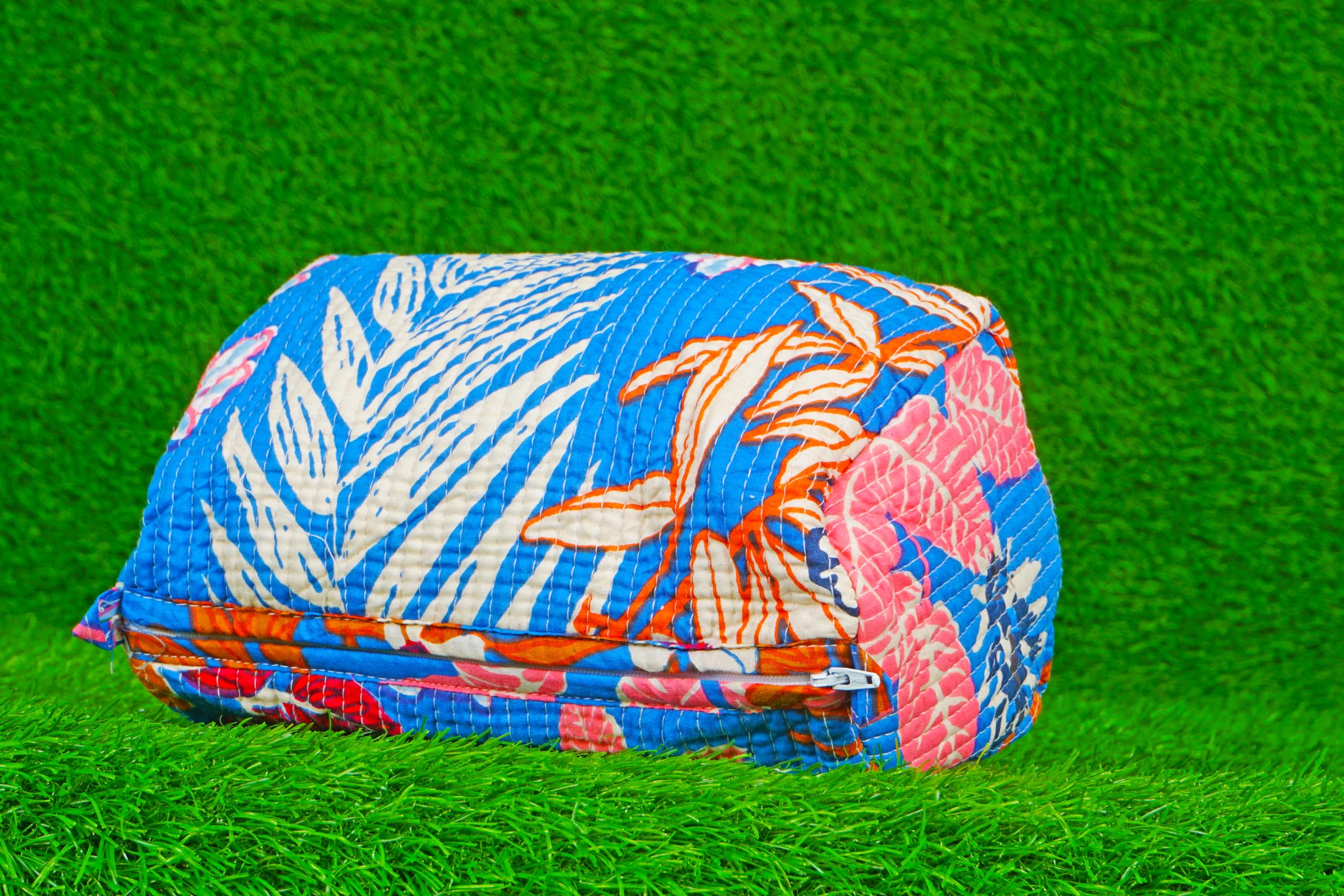 Indian Handmade Cotton Quilted Floral Toiletry Cosmetic Makeup Bag Blue A