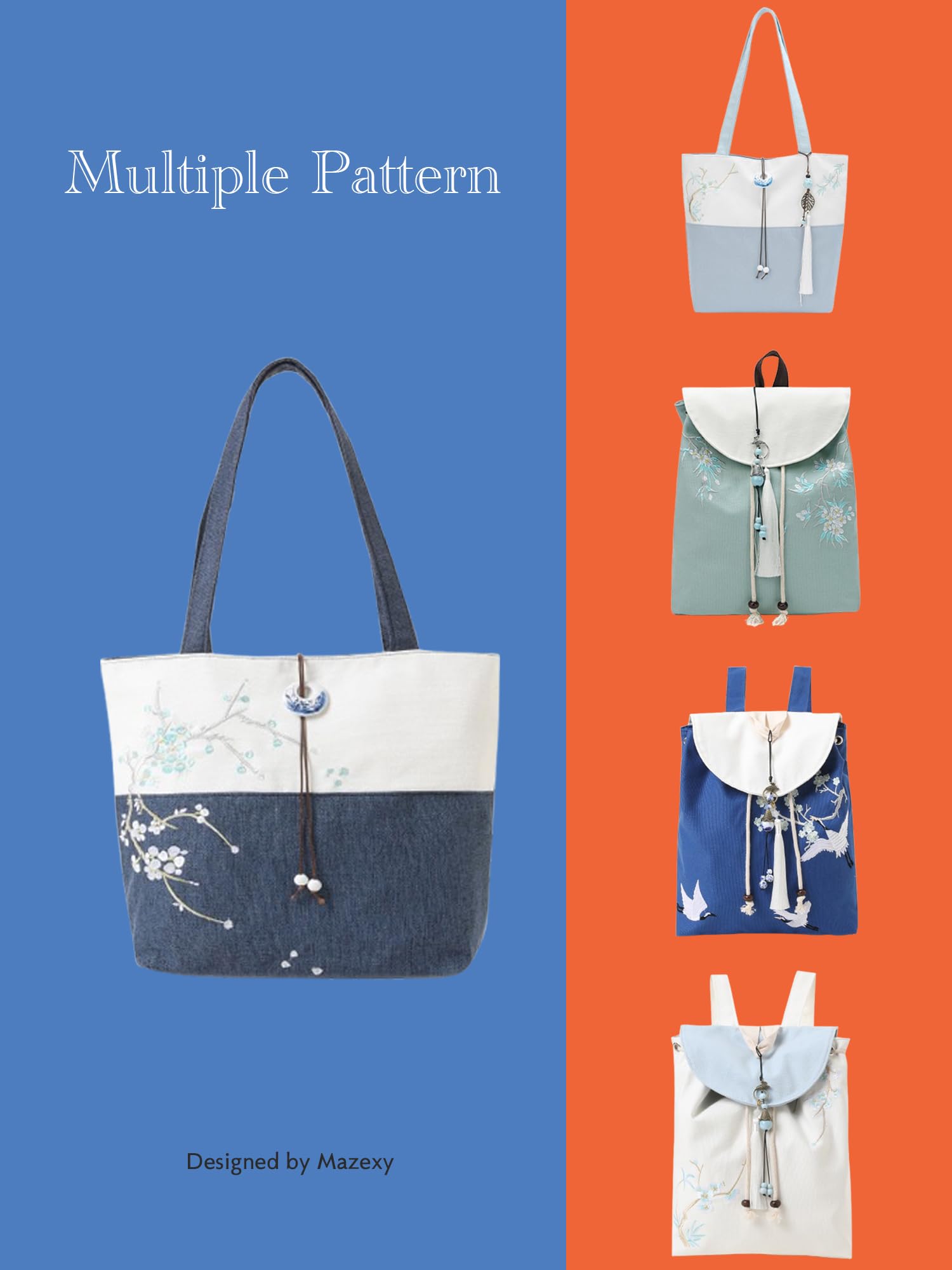 Elegant Vintage Silk Pattern Shoulder Tote Bag with Pendant and Tassels