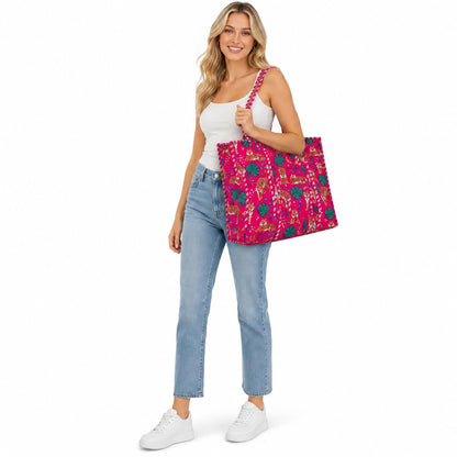 Handmade Cotton Floral Block Print Quilted Tote Shoulder Market Shopping Bag