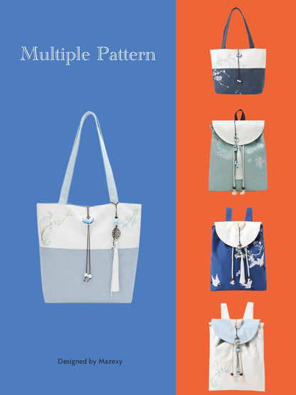 Elegant Vintage Silk Pattern Shoulder Tote Bag with Pendant and Tassels