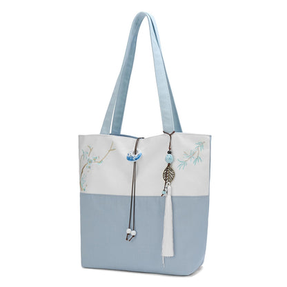 Elegant Vintage Silk Pattern Shoulder Tote Bag with Pendant and Tassels