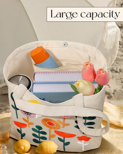 Embroidery Canvas Tote Bag for Women Reusable Shoulder Bag with Pocket and Buckle Cute Aesthetic Grocery Bag