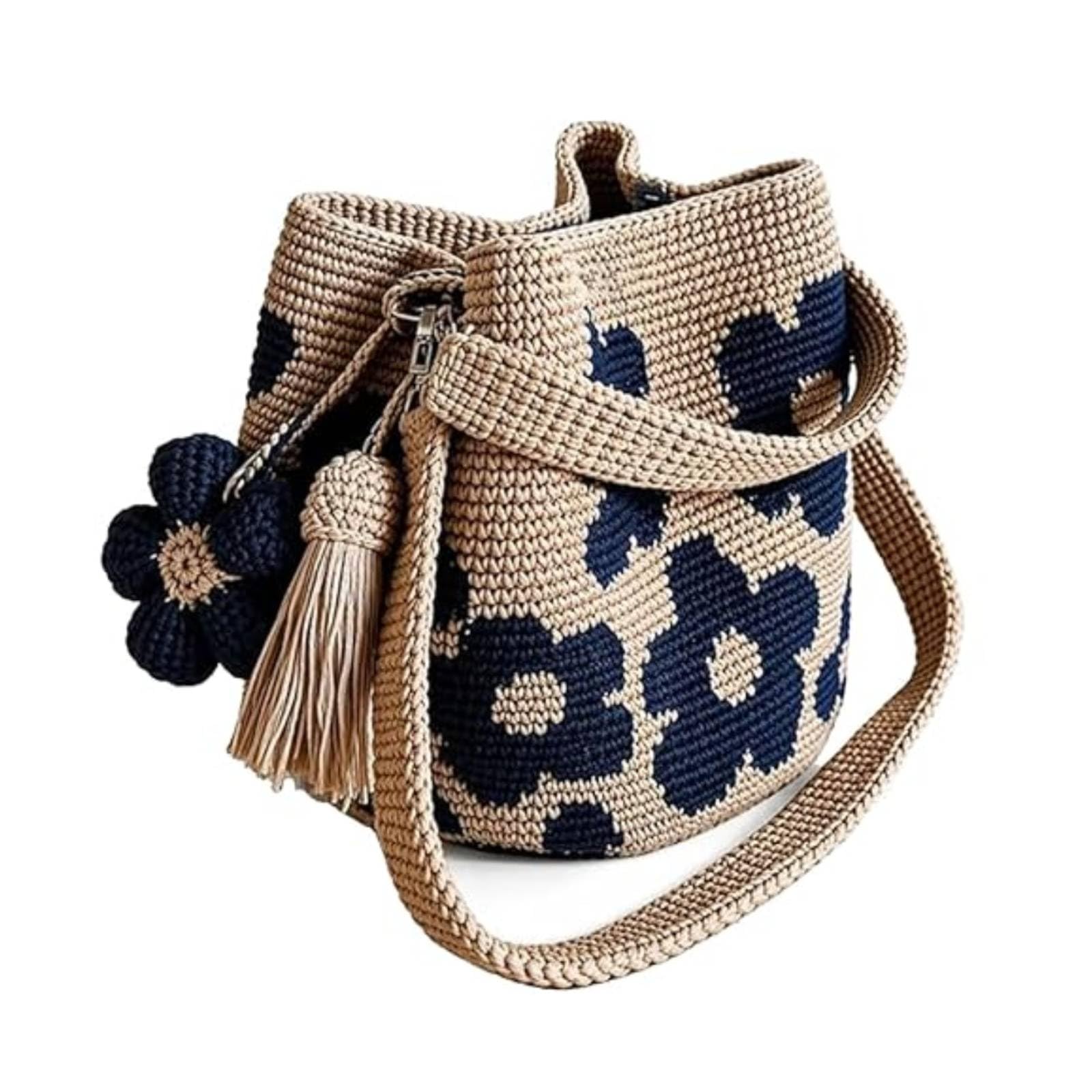 Handmade Crochet Flower Tote Mesh Knit Shoulder Bag with Flower and Tassel Charm Large Capacity Summer Travel Bag