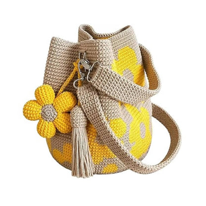 Handmade Crochet Flower Tote Mesh Knit Shoulder Bag with Flower and Tassel Charm Large Capacity Summer Travel Bag
