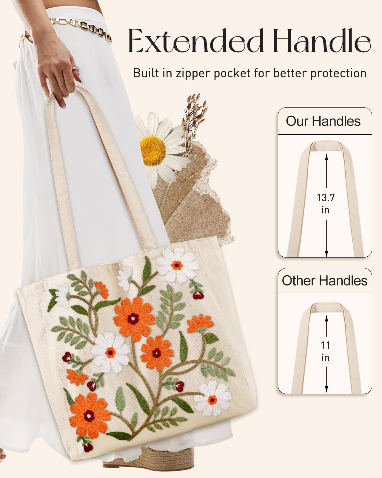 Embroidery Canvas Tote Bag for Women Reusable Shoulder Bag with Pocket and Buckle Cute Aesthetic Grocery Bag