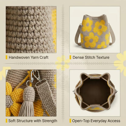 Handmade Crochet Flower Tote Mesh Knit Shoulder Bag with Flower and Tassel Charm Large Capacity Summer Travel Bag