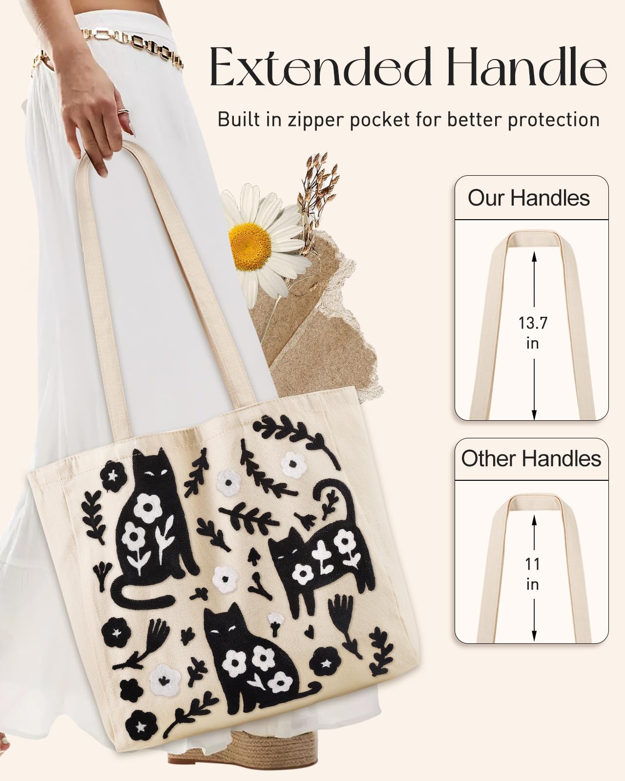 Embroidery Canvas Tote Bag for Women Reusable Shoulder Bag with Pocket and Buckle Cute Aesthetic Grocery Bag