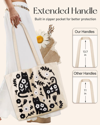Embroidery Canvas Tote Bag for Women Reusable Shoulder Bag with Pocket and Buckle Cute Aesthetic Grocery Bag