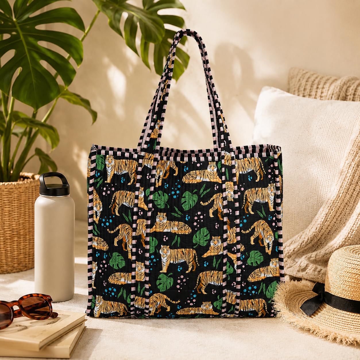 Handmade Cotton Floral Block Print Quilted Tote Shoulder Market Shopping Bag