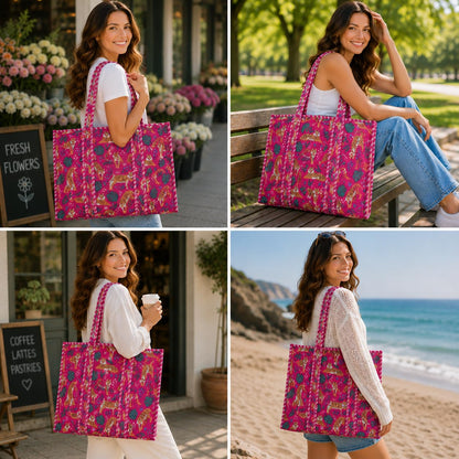 Handmade Cotton Floral Block Print Quilted Tote Shoulder Market Shopping Bag