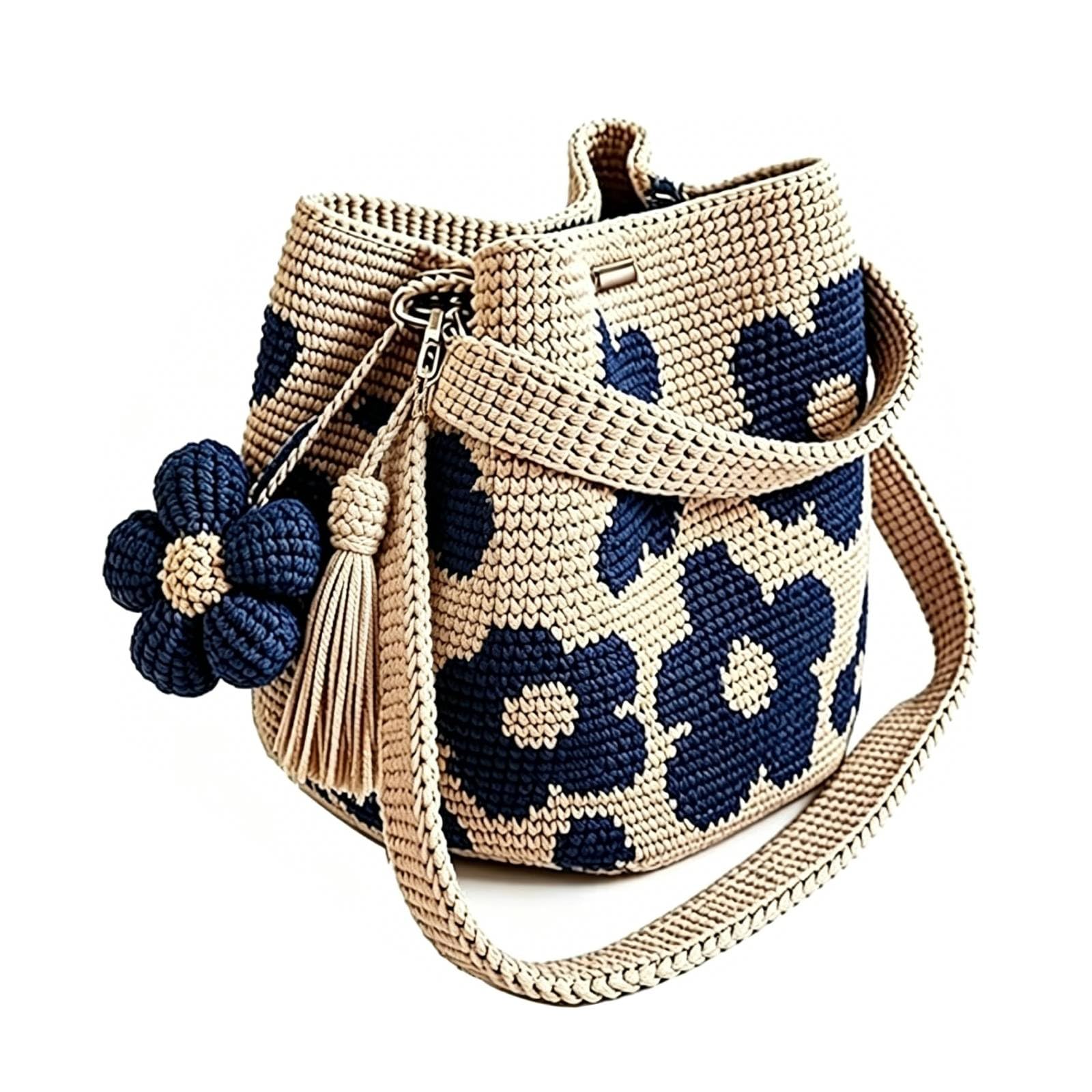Handmade Crochet Flower Tote Mesh Knit Shoulder Bag with Flower and Tassel Charm Large Capacity Summer Travel Bag