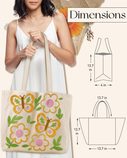 Embroidery Canvas Tote Bag for Women Reusable Shoulder Bag with Pocket and Buckle Cute Aesthetic Grocery Bag