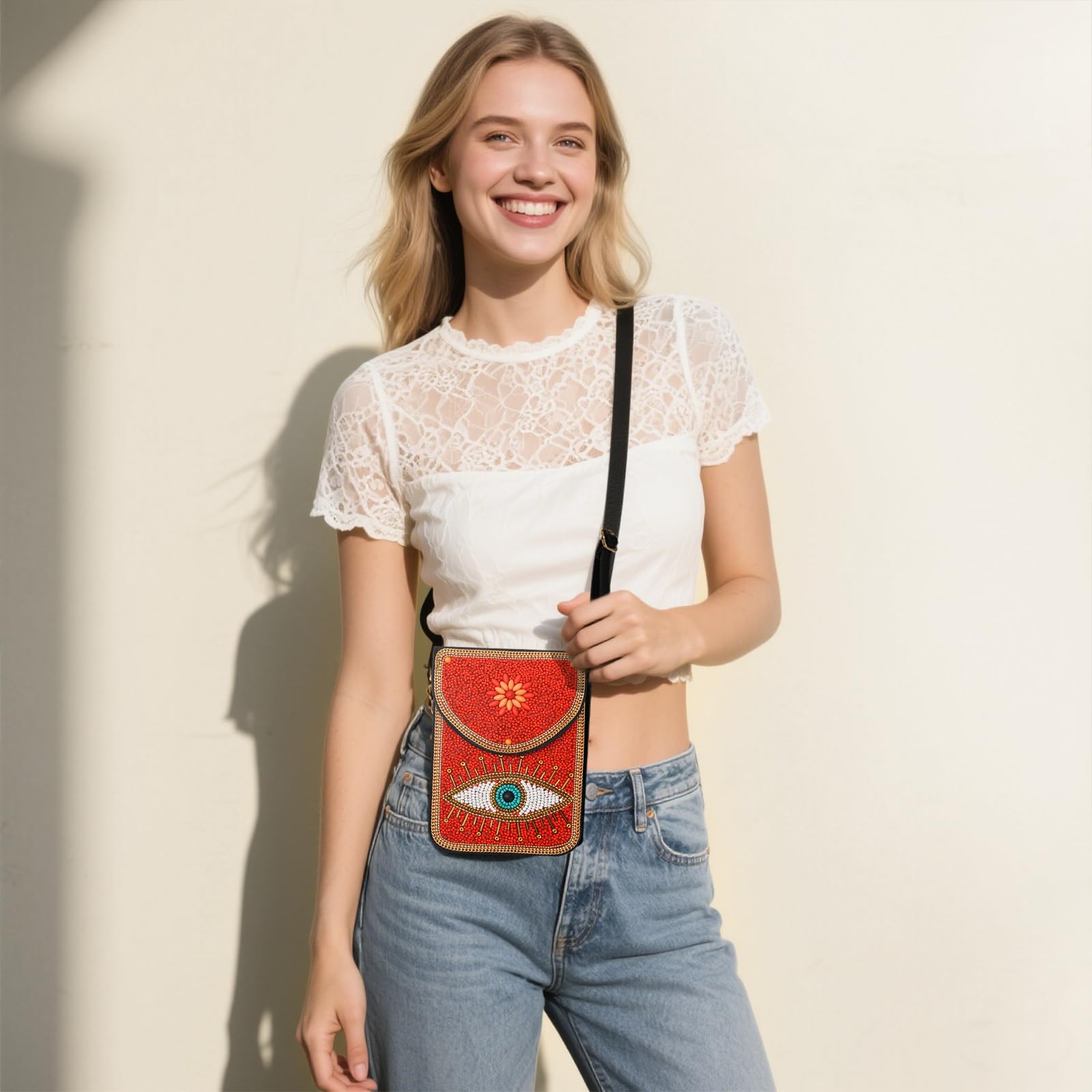 Beaded Crossbody Phone Shoulder Bag Boho Wallet Purse with Colorful Handcrafted Beads