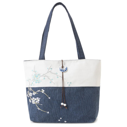 Elegant Vintage Silk Pattern Shoulder Tote Bag with Pendant and Tassels