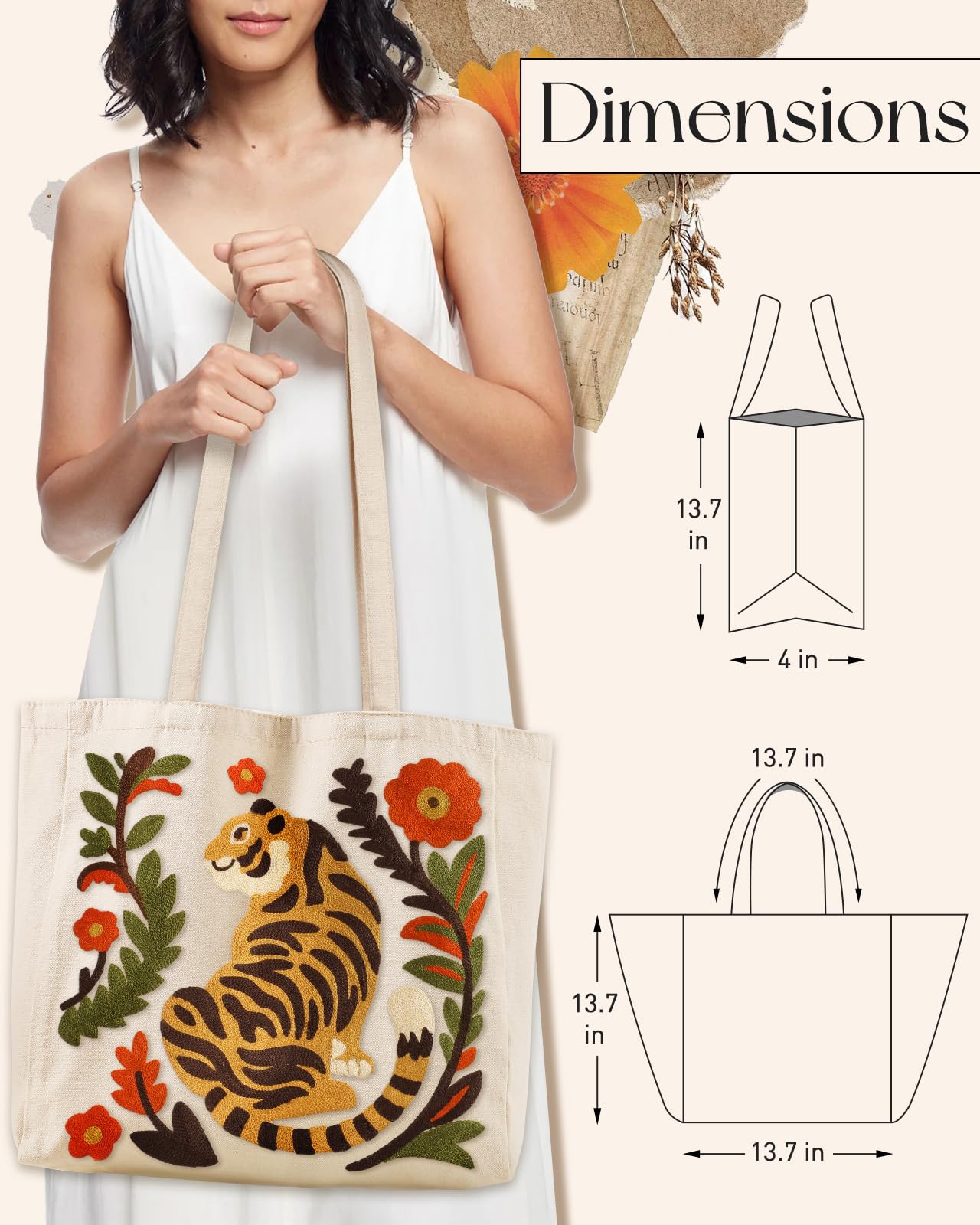 Embroidery Canvas Tote Bag for Women Reusable Shoulder Bag with Pocket and Buckle Cute Aesthetic Grocery Bag