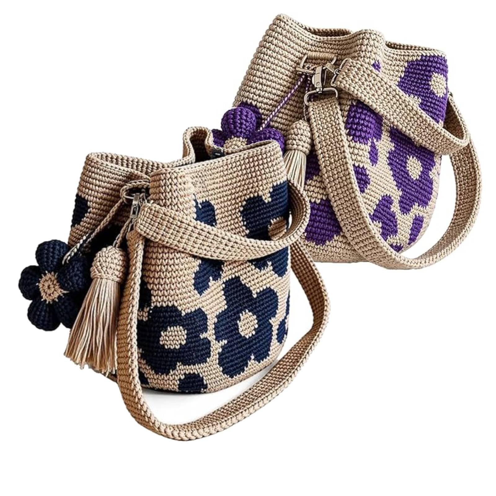 Handmade Crochet Flower Tote Mesh Knit Shoulder Bag with Flower and Tassel Charm Large Capacity Summer Travel Bag