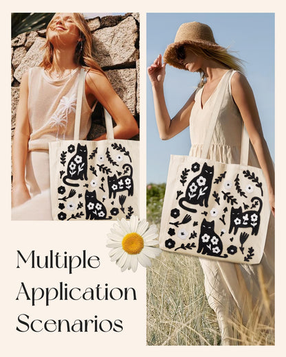 Embroidery Canvas Tote Bag for Women Reusable Shoulder Bag with Pocket and Buckle Cute Aesthetic Grocery Bag