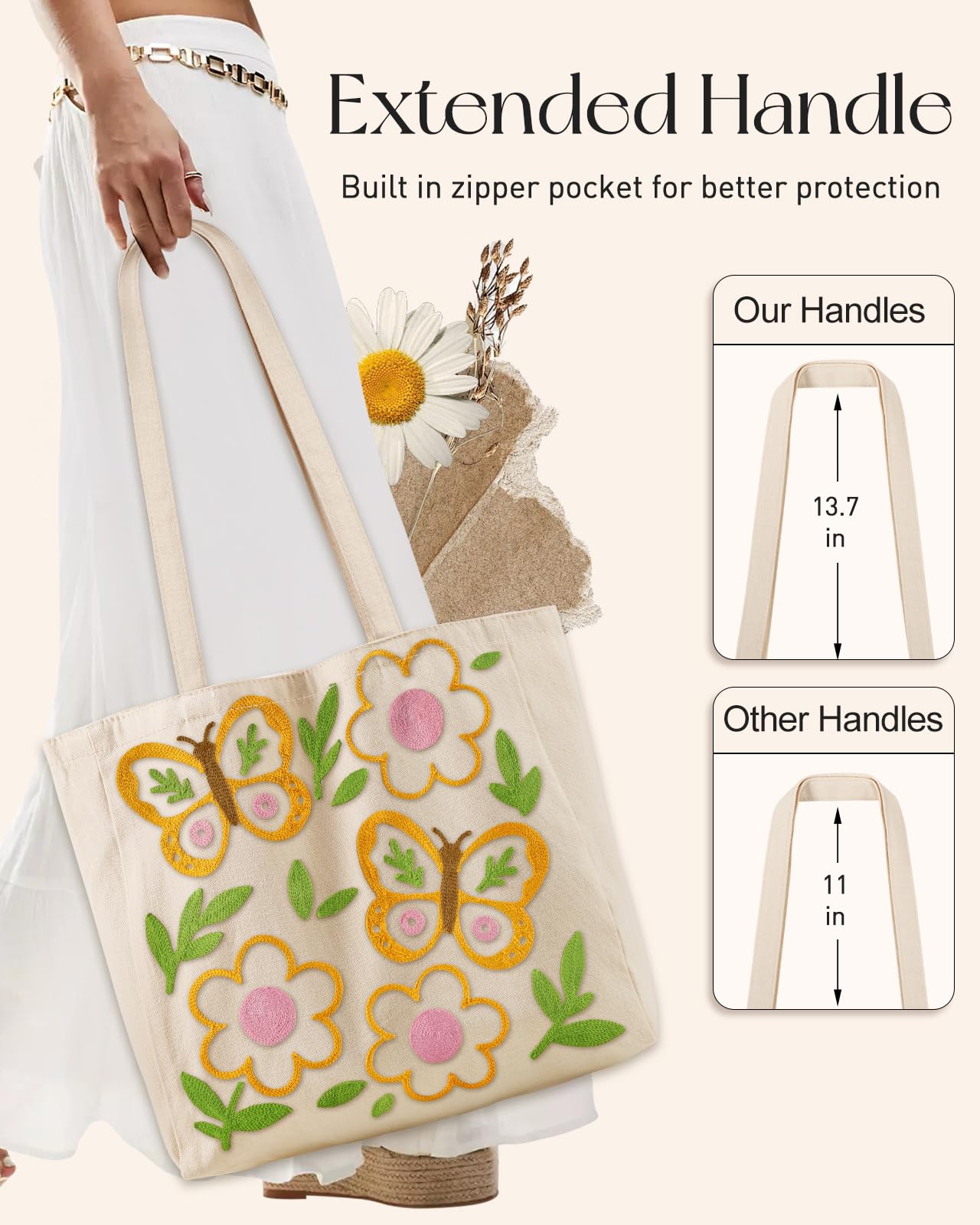 Embroidery Canvas Tote Bag for Women Reusable Shoulder Bag with Pocket and Buckle Cute Aesthetic Grocery Bag
