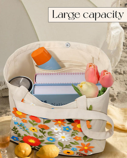 Embroidery Canvas Tote Bag for Women Reusable Shoulder Bag with Pocket and Buckle Cute Aesthetic Grocery Bag