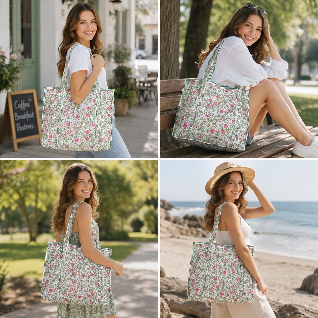 Handmade Cotton Floral Block Print Quilted Tote Shoulder Market Shopping Bag