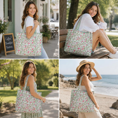 Handmade Cotton Floral Block Print Quilted Tote Shoulder Market Shopping Bag