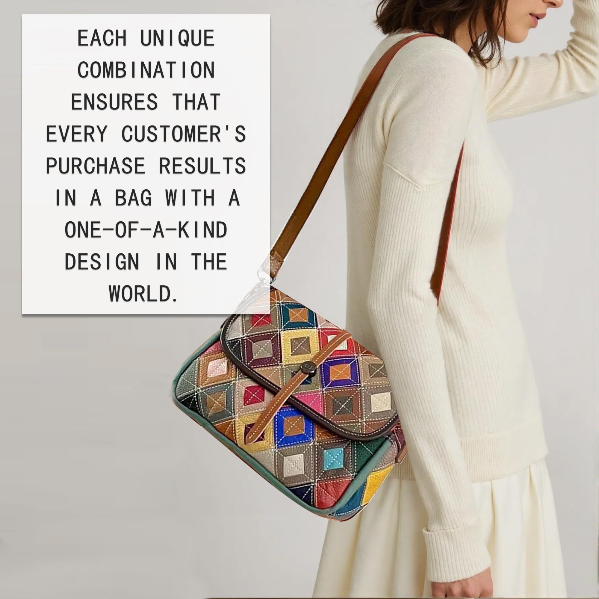 Handmade Cowhide Multi Color Patchwork Bag Crossbody Shoulder Handheld Unique Style
