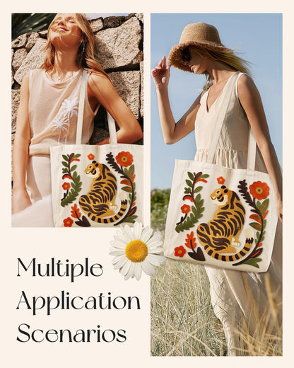 Embroidery Canvas Tote Bag for Women Reusable Shoulder Bag with Pocket and Buckle Cute Aesthetic Grocery Bag