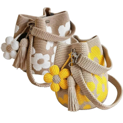 Handmade Crochet Flower Tote Mesh Knit Shoulder Bag with Flower and Tassel Charm Large Capacity Summer Travel Bag