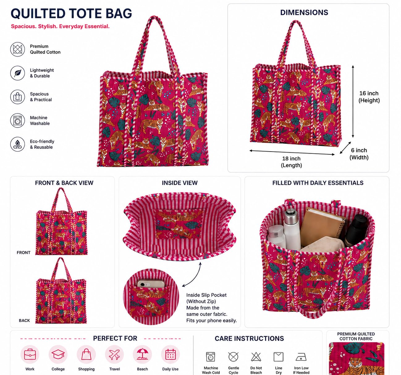 Handmade Cotton Floral Block Print Quilted Tote Shoulder Market Shopping Bag