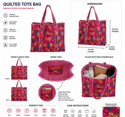 Handmade Cotton Floral Block Print Quilted Tote Shoulder Market Shopping Bag