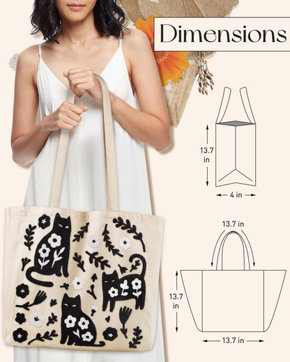 Embroidery Canvas Tote Bag for Women Reusable Shoulder Bag with Pocket and Buckle Cute Aesthetic Grocery Bag