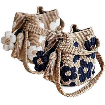 Handmade Crochet Flower Tote Mesh Knit Shoulder Bag with Flower and Tassel Charm Large Capacity Summer Travel Bag