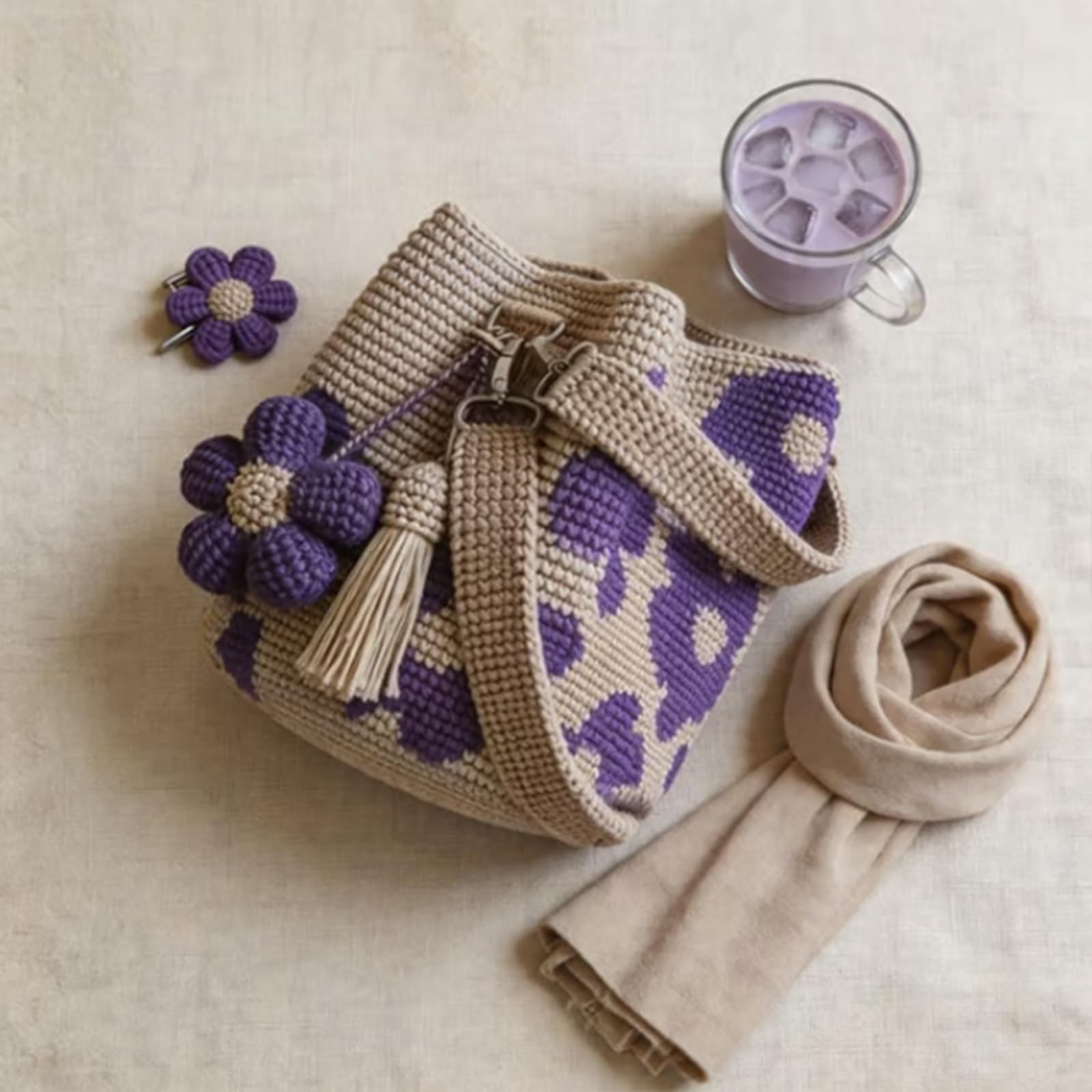 Handmade Crochet Flower Tote Mesh Knit Shoulder Bag with Flower and Tassel Charm Large Capacity Summer Travel Bag