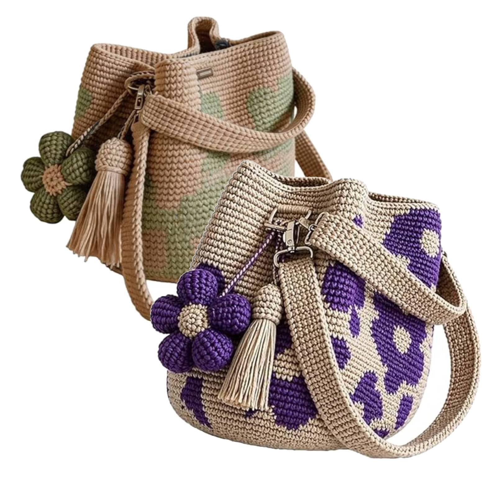 Handmade Crochet Flower Tote Mesh Knit Shoulder Bag with Flower and Tassel Charm Large Capacity Summer Travel Bag