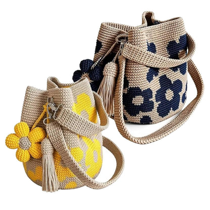 Handmade Crochet Flower Tote Mesh Knit Shoulder Bag with Flower and Tassel Charm Large Capacity Summer Travel Bag
