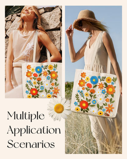 Embroidery Canvas Tote Bag for Women Reusable Shoulder Bag with Pocket and Buckle Cute Aesthetic Grocery Bag
