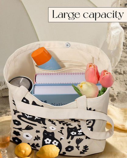 Embroidery Canvas Tote Bag for Women Reusable Shoulder Bag with Pocket and Buckle Cute Aesthetic Grocery Bag